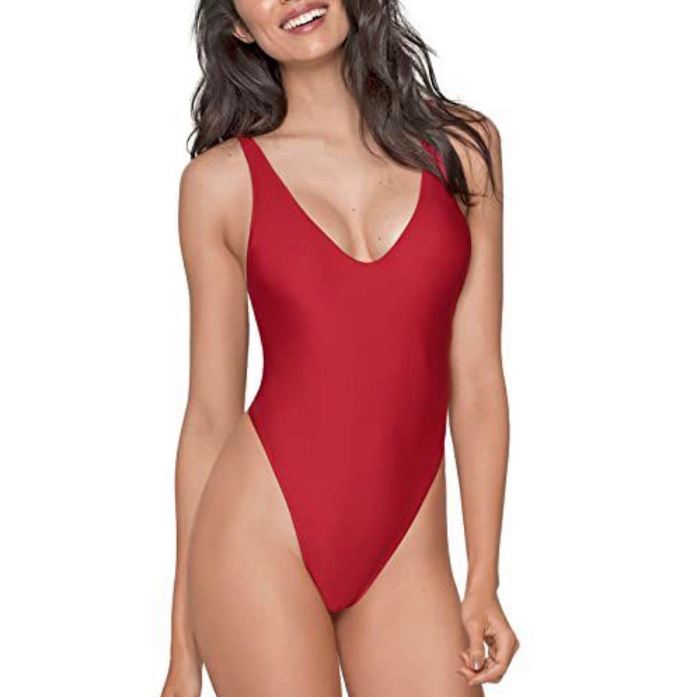 RELLECIGA Red One Piece Swimsuit Matte Plunging High Cut Y2051-101 Large NWT